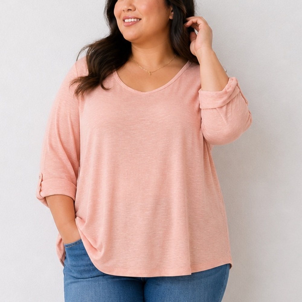 Chico's Soft Peach 3/4 Sleeves Boatneck Top with Black Trim L